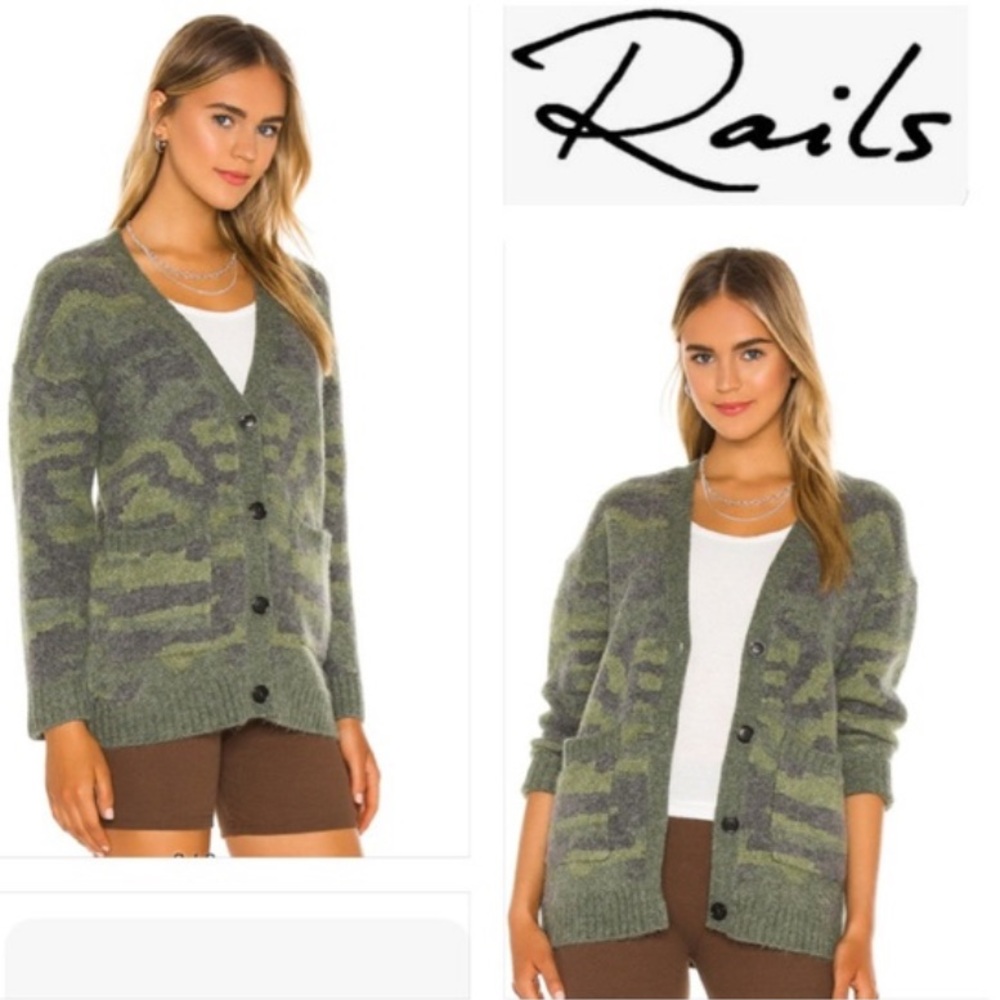 Rails Runi Camouflage Cardigan Green V Neck Wool Alpaca Blend Cozy Casual NWT M